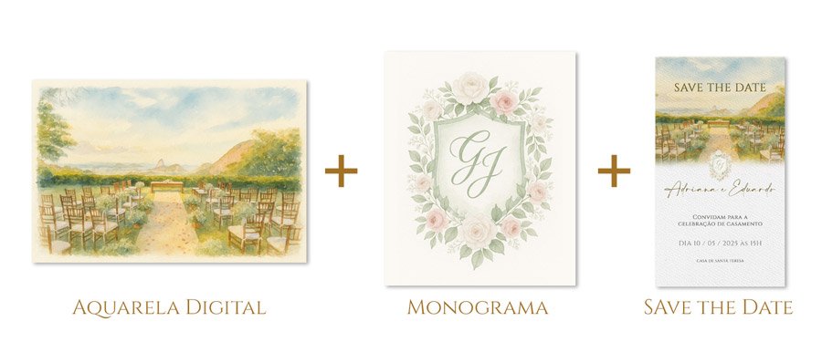 Combo Aquarela Paisagem para Casamento +Monograma + Save the Date Casamento