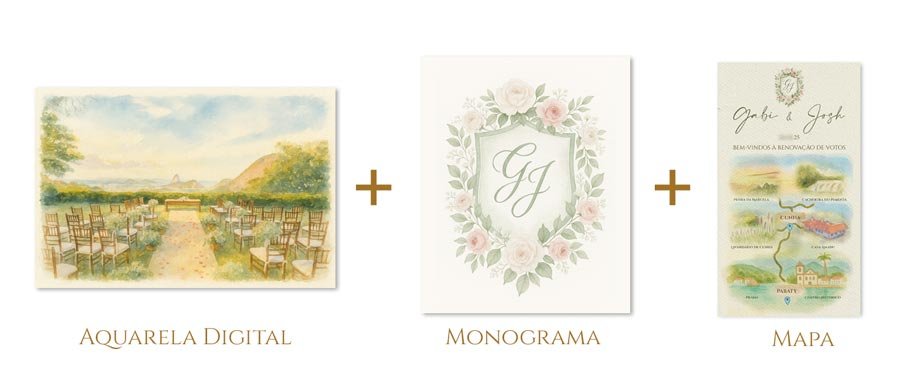 Combo Aquarela Paisagem para Casamento + Monograma +Mapa Personalizado Casamento