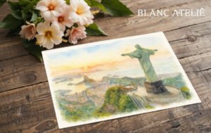 Aquarela Paisagem Rio de Janeiro Cristo Redentor Corcovado Pão de Açucar